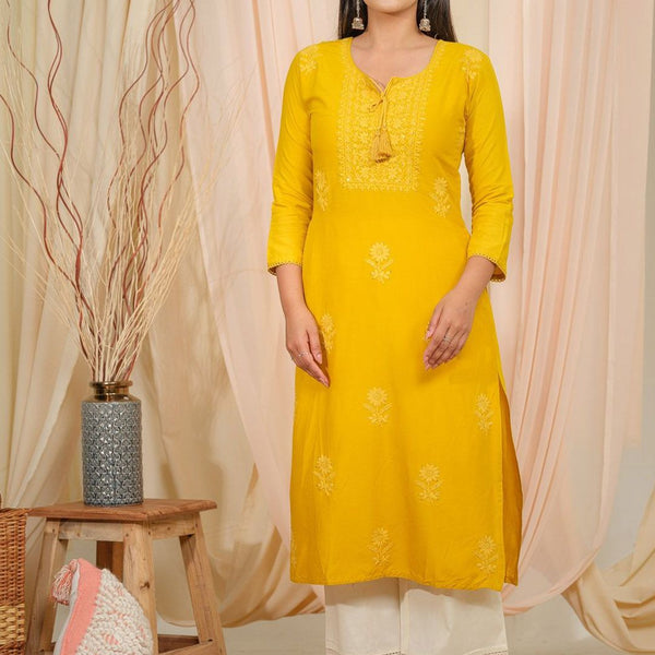 Ode by House of Pataudi Floral Embroidered Tie-Up Neck Straight Kurta - Distacart