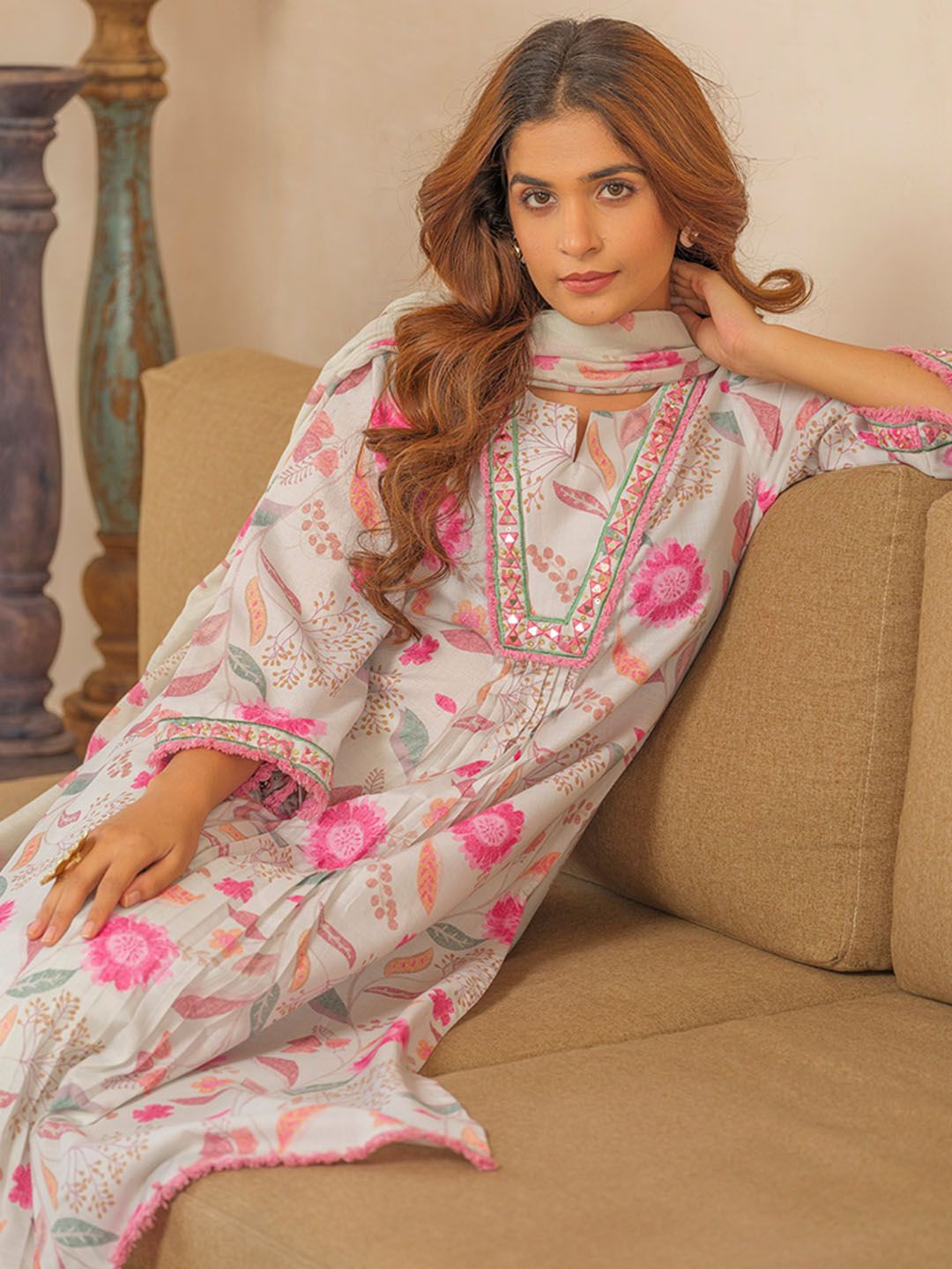 Sangria Floral Printed Pleated A-Line Kurta With Palazzos & Dupatta - Distacart
