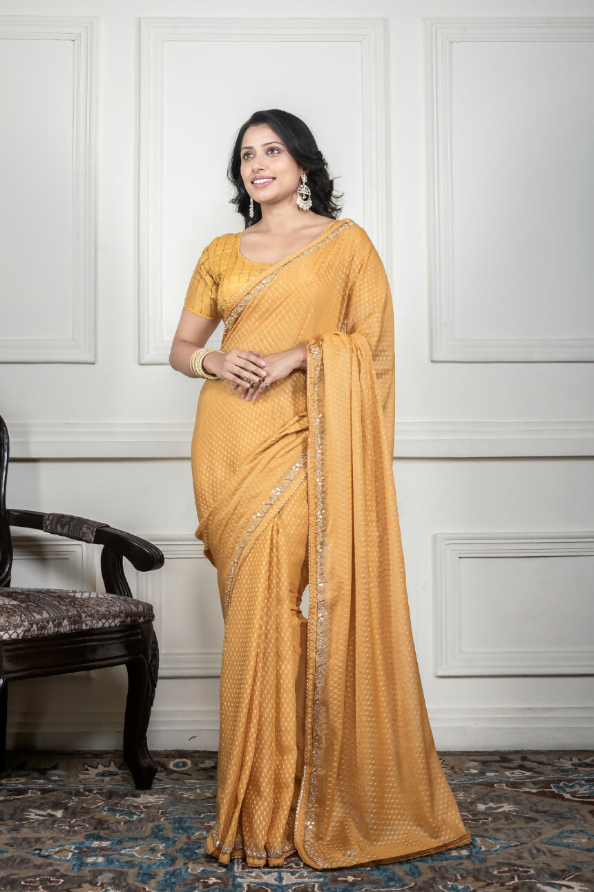 Morchari Yellow Pure Chiffon Hand Embroidery Saree And Stitched Blouse - Distacart