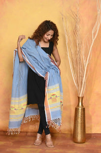 Thumbnail for Very Much Indian Handloom Pure Cotton Paithani Dupatta - Powder Blue - Distacart