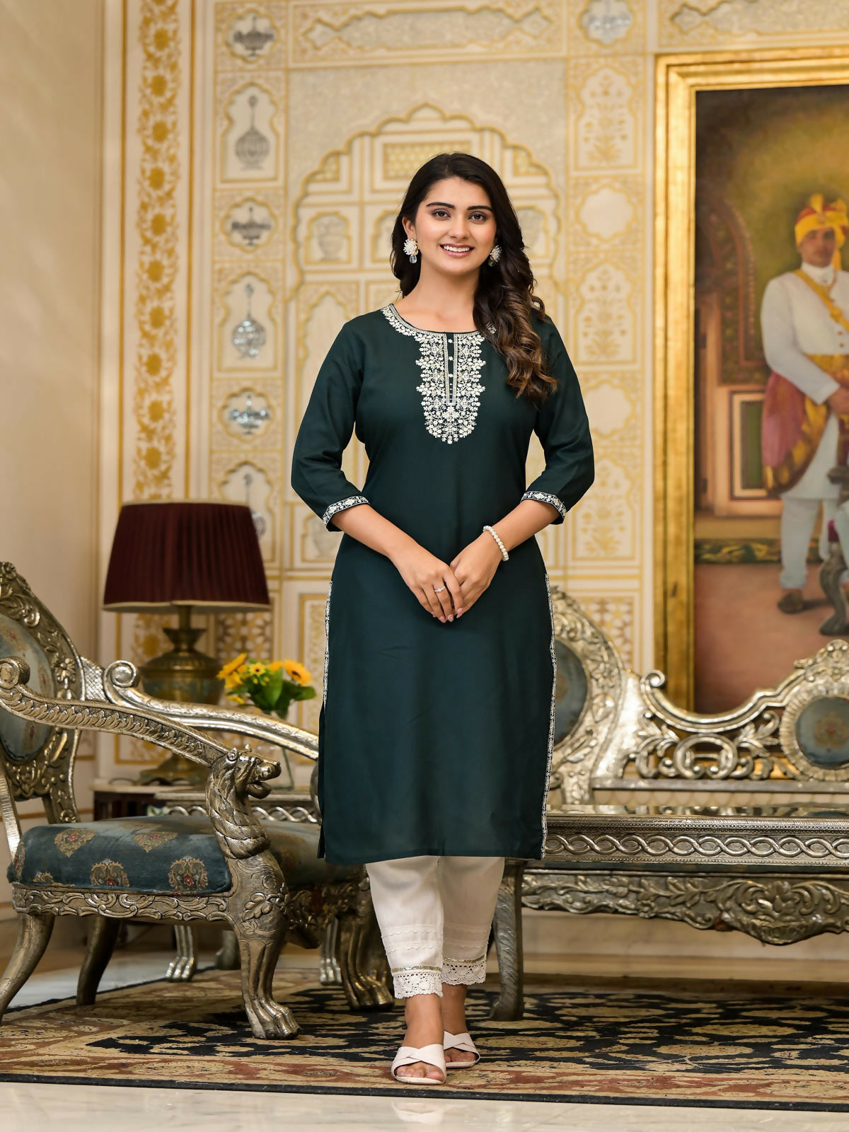 Juniper Women's Sea Green Ethnic Motif Printed Santoon Dress With Sequins & Thread Work