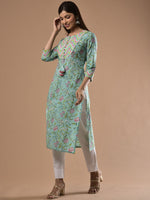 Thumbnail for Swasti Women Green Floral Printed Keyhole Neck Thread Work Floral Kurta - Distacart