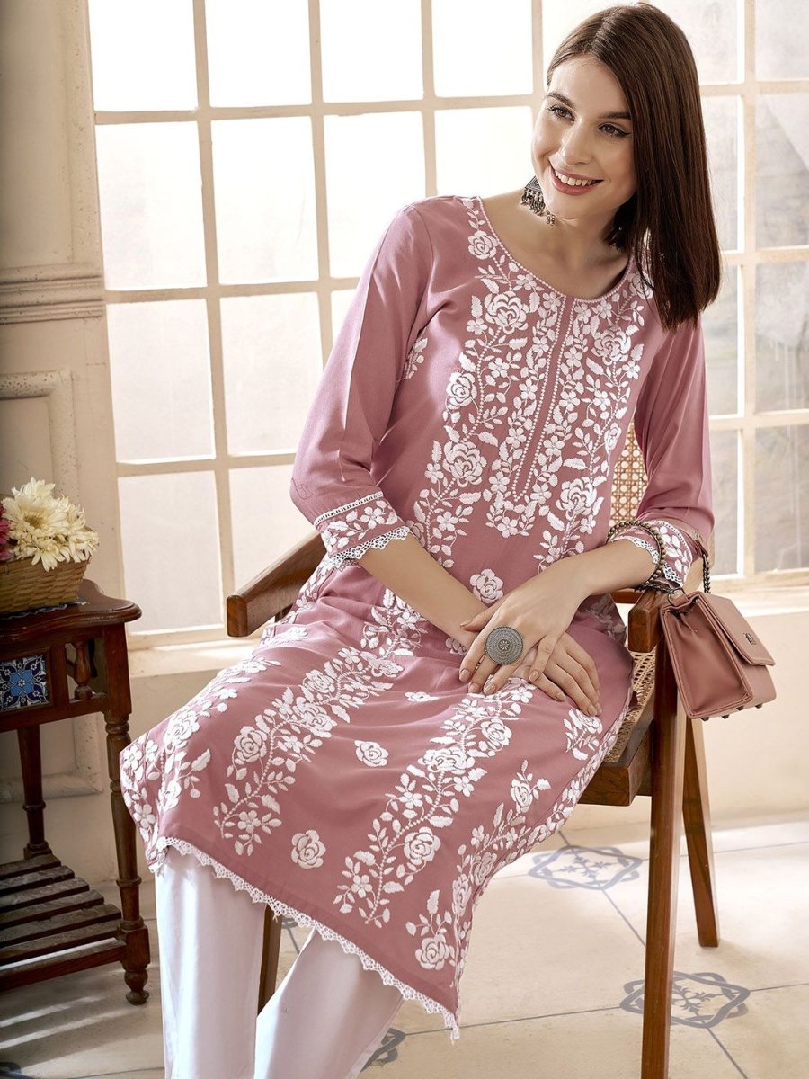 Anouk Floral Embroidered Round Neck Chikankari Straight Kurta - Distacart