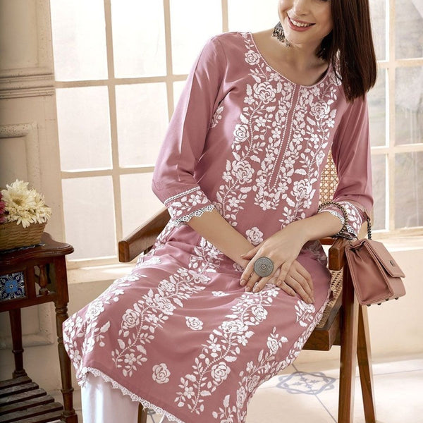 Anouk Floral Embroidered Round Neck Chikankari Straight Kurta - Distacart