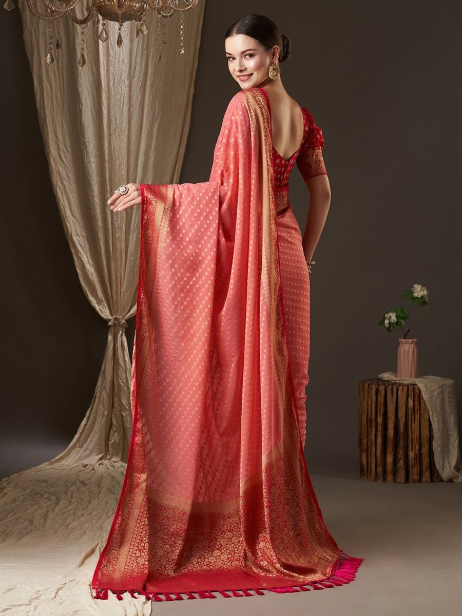 Anouk Rose Gold & Red Woven Design Zari Pure Georgette Kanjeevaram Saree - Distacart