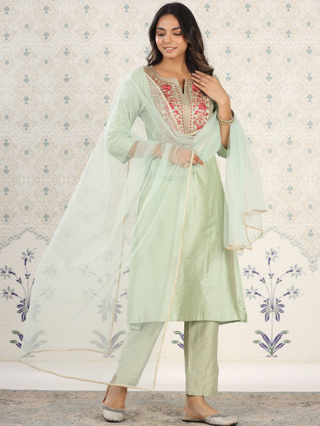 Ode by House of Pataudi Embroidered Gota Patti A-Line Kurta with Trousers and Dupatta - Distacart