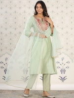 Thumbnail for Ode by House of Pataudi Embroidered Gota Patti A-Line Kurta with Trousers and Dupatta - Distacart