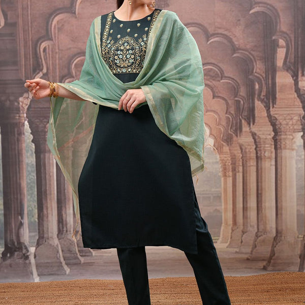 Vishudh Green Embroidered Straight Kurta with Trouser & Dupatta - Distacart