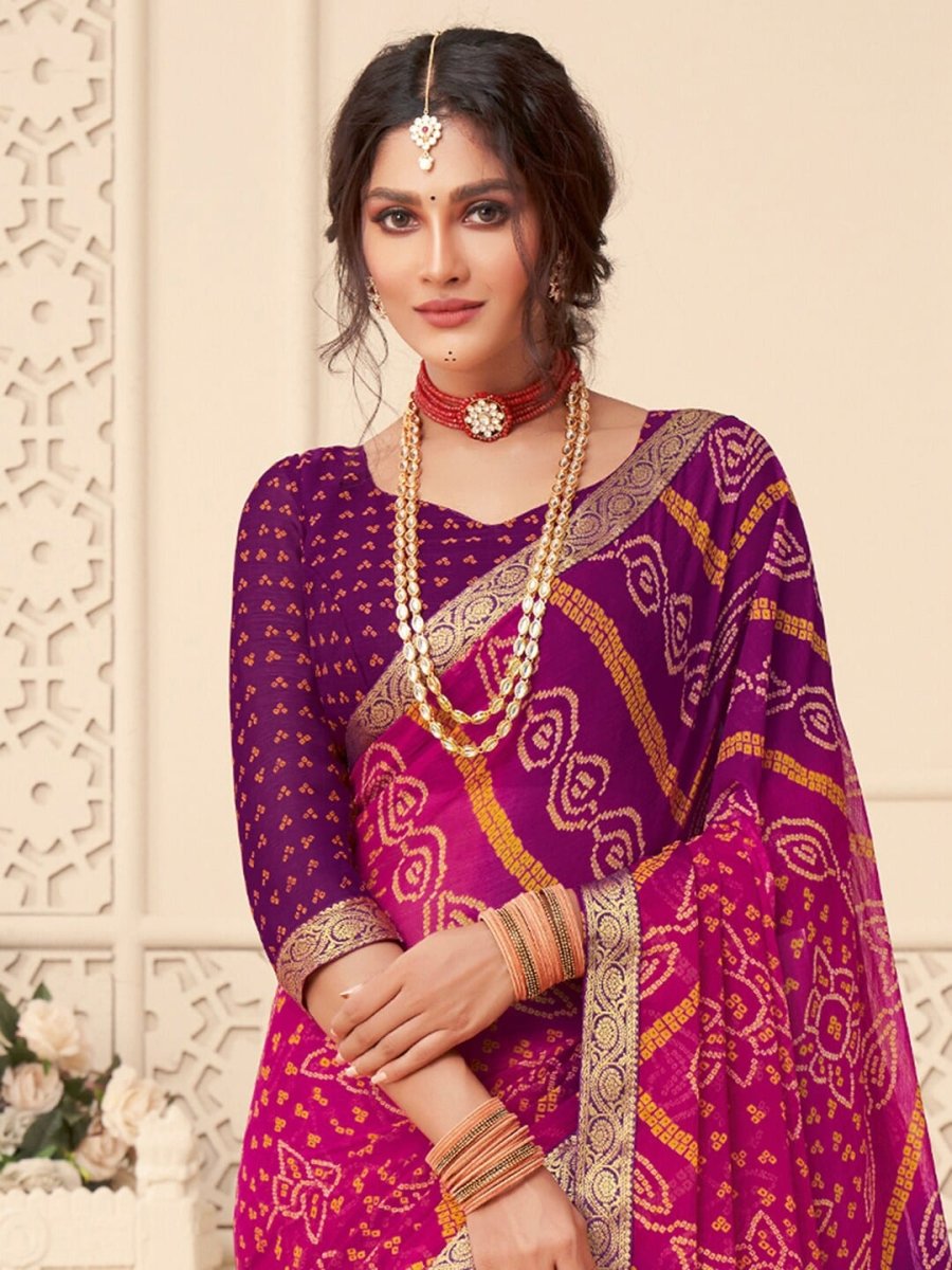 Anouk Pink & Purple Bandhani Printed Zari Pure Chiffon Bandhani Saree - Distacart