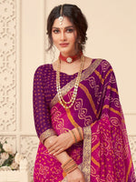 Thumbnail for Anouk Pink & Purple Bandhani Printed Zari Pure Chiffon Bandhani Saree - Distacart