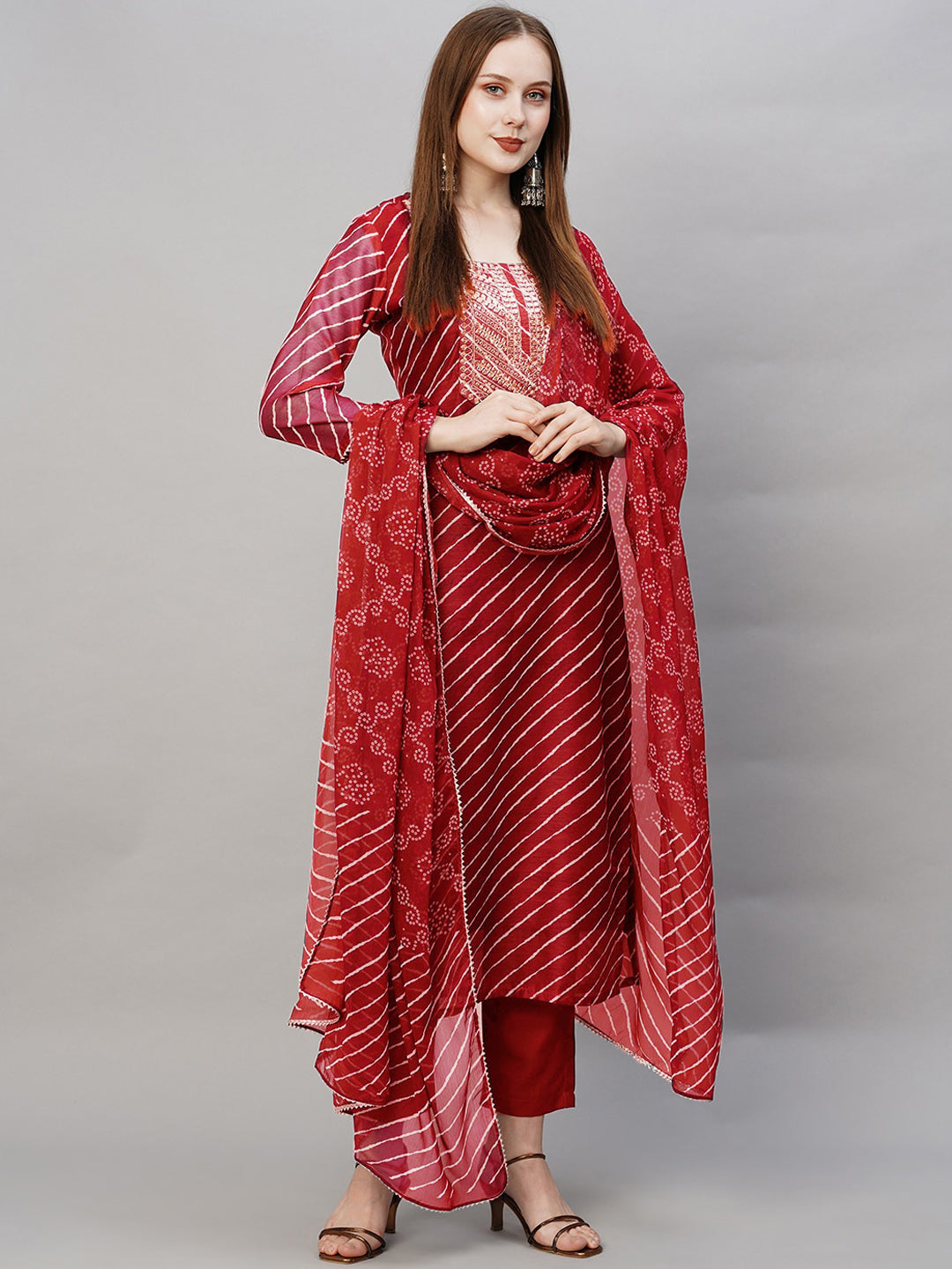 Kalini Leheriya Printed Thread Work Straight Kurta With Trousers & Dupatta - Distacart