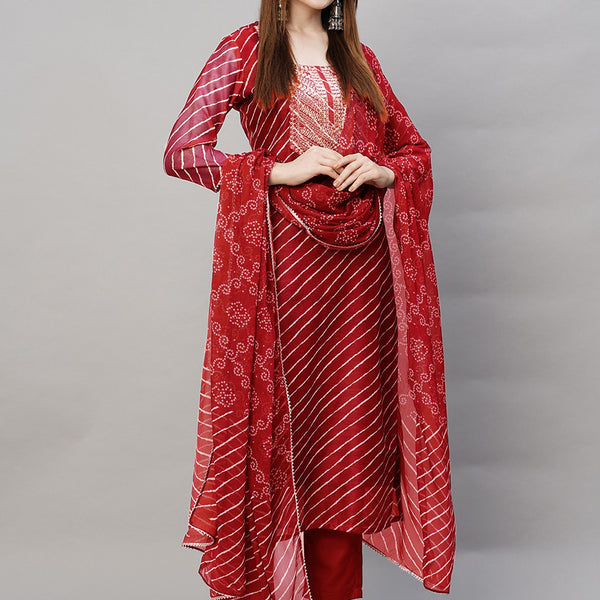 Kalini Leheriya Printed Thread Work Straight Kurta With Trousers & Dupatta - Distacart