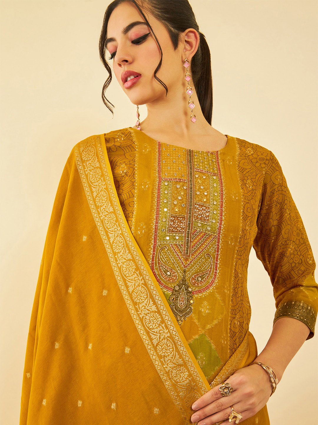 Soch Ethnic Motifs Regular Thread Work Kurta With Trousers & Dupatta - Distacart