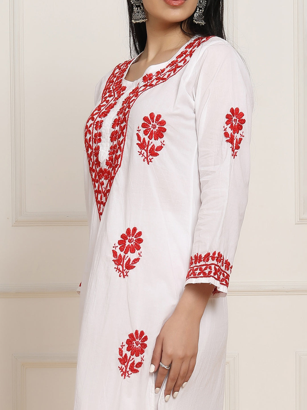 HOUSE OF KARI Women Floral Embroidered Regular Chikankari Pure Cotton Kurta with Trousers - Distacart