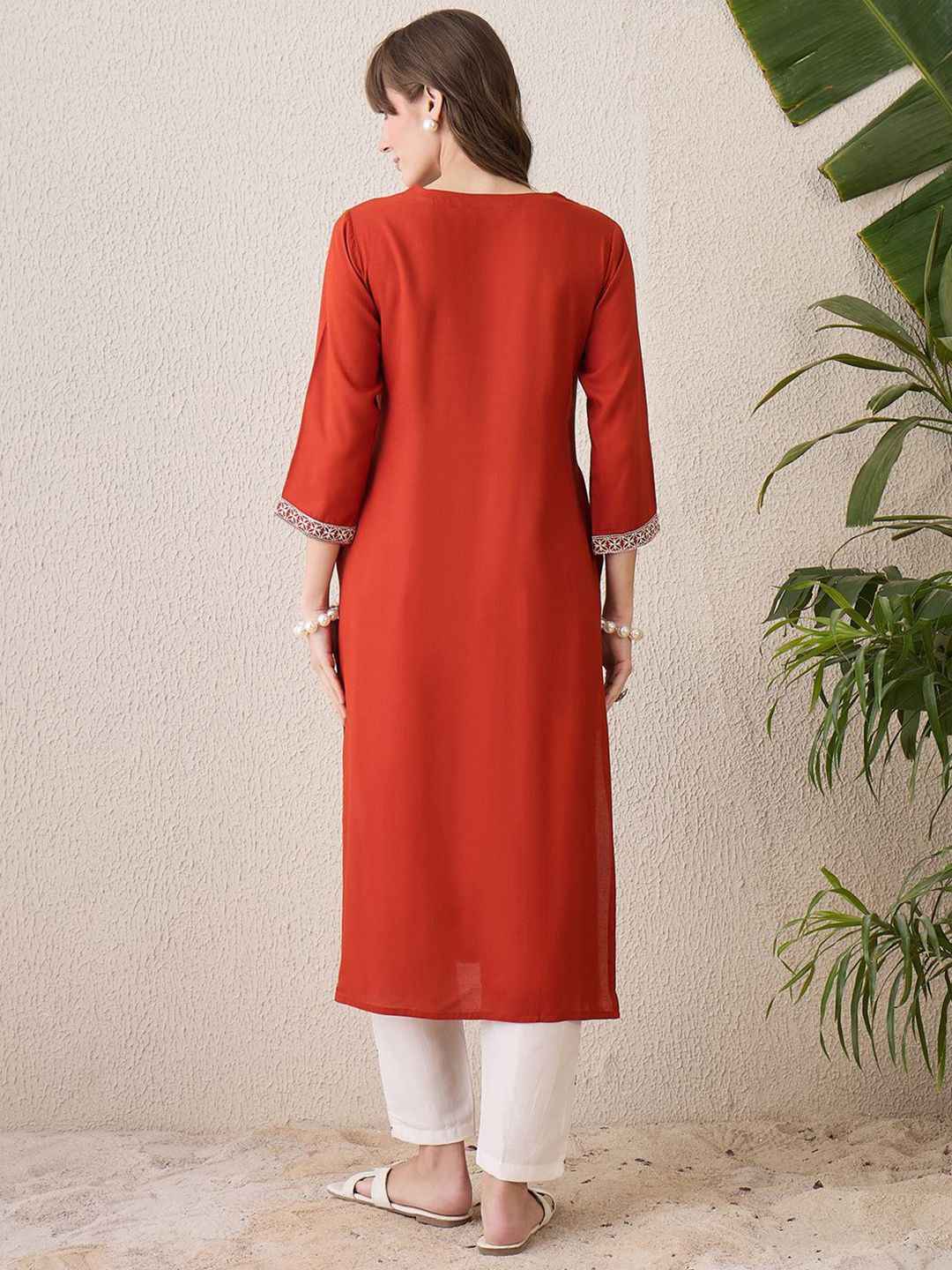 Indo Era Floral Yoke Design Thread Work Cotton Straight Kurta