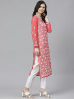 Thumbnail for ADA Women Pink & White Chikankari Embroidered Sustainable Handloom Kurta with Trousers - Distacart