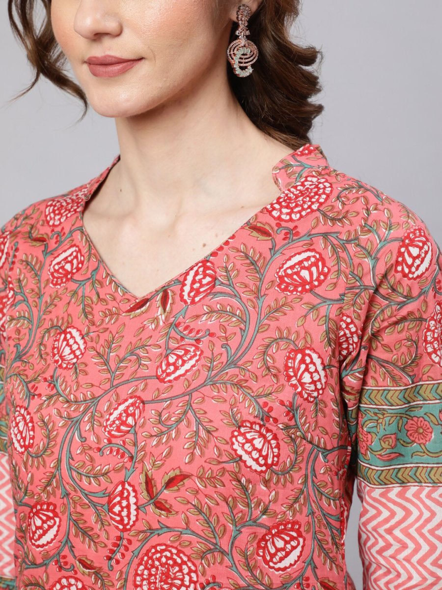 Aks Pink Floral Printed Mandarin Collar Regular Pure Cotton Kurta With Trousers - Distacart