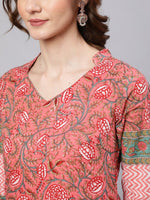 Thumbnail for Aks Pink Floral Printed Mandarin Collar Regular Pure Cotton Kurta With Trousers - Distacart