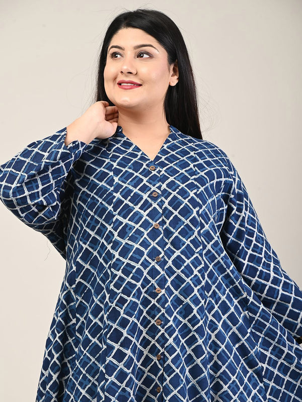 Swasti Plus Size Checked Mandarin Collar Anarkali Kurta