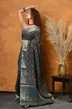 Thumbnail for Very Much Indian Modal Silk Ajrakh Handblock Printed Natural Dyes With Designer Border Saree - Blue - Distacart