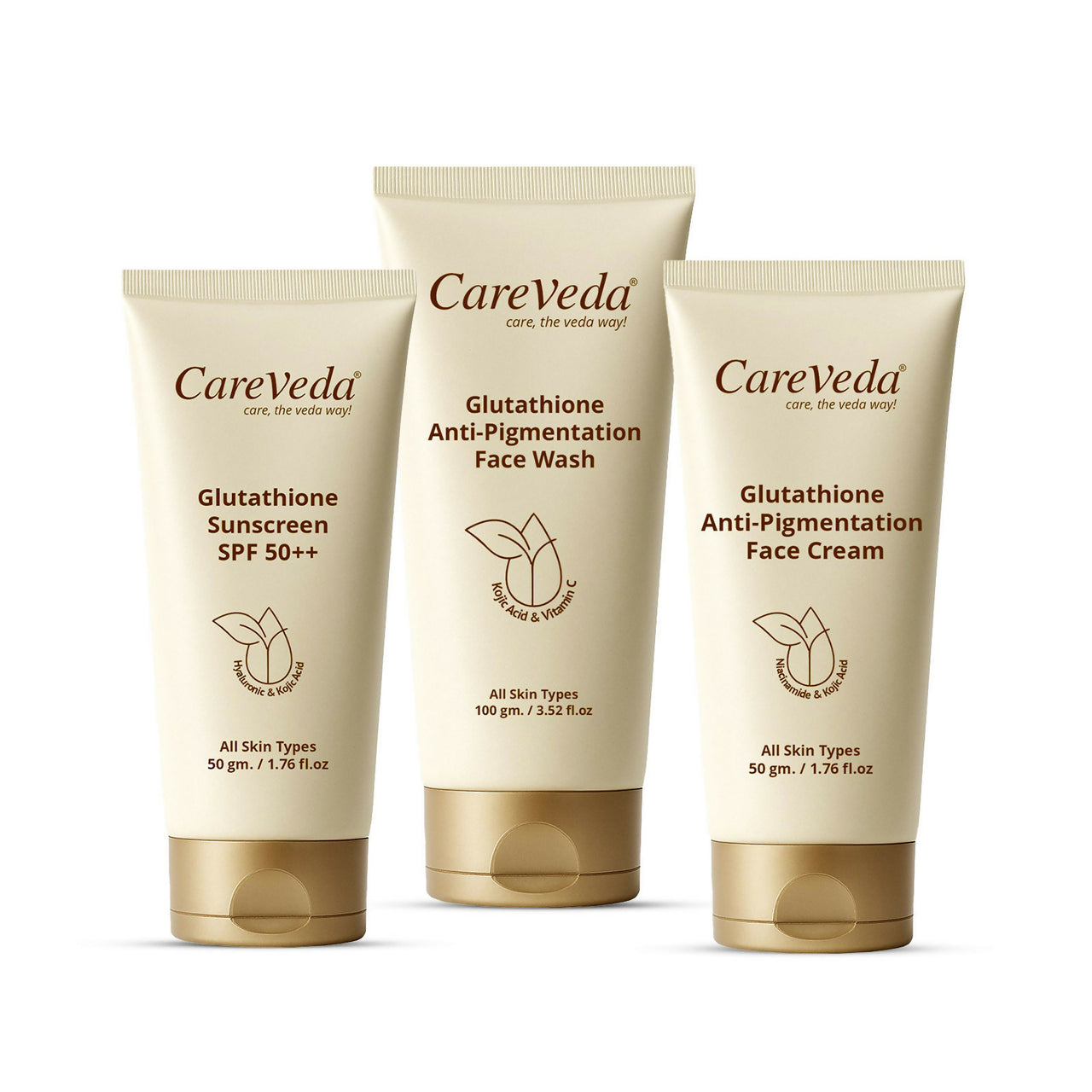 CareVeda Glutathione Skin Care Set of 3 | Face Cream & Face Wash, Sunscreen for Bright, Even-Toned Skin | Anti-Pigmentation & Glow Boost | For Men & Women - Dista