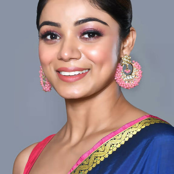 Joban Fashion Women Kundan Pearl Golden White Pink Earrings - Distacart