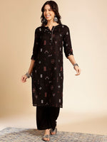 Thumbnail for Anouk Black Ethnic Motifs Printed Round Neck Gotta Patti Cotton Straight Kurta - Distacart