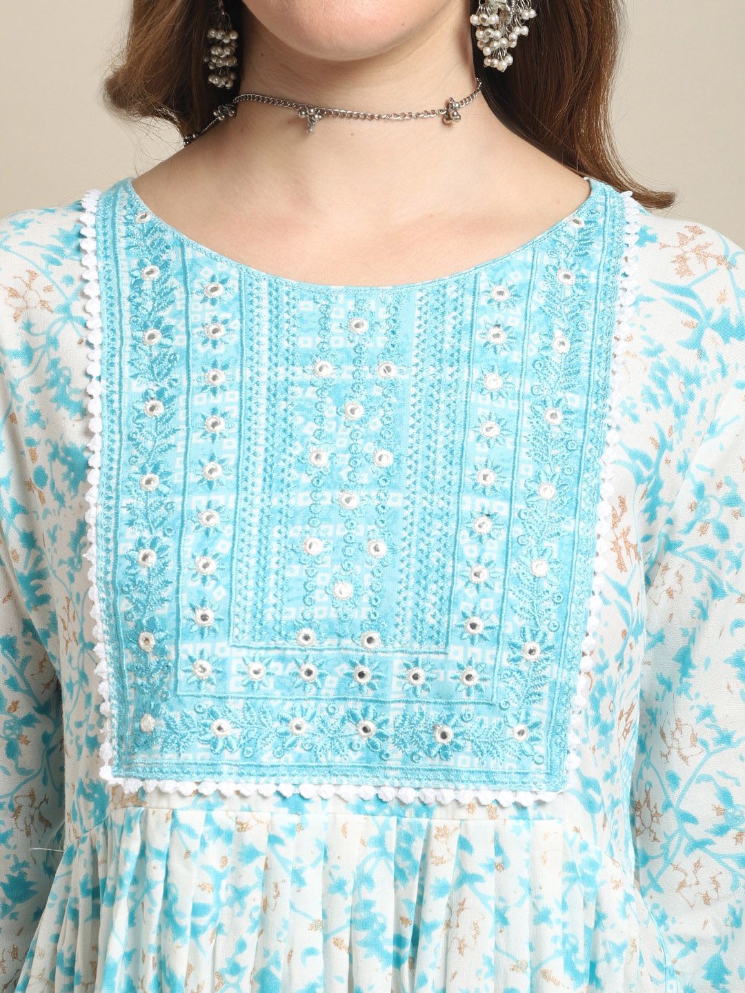 Sangria White & Blue Floral Printed Mirror Work A-Line Kurta With Trouser & Dupatta - Distacart