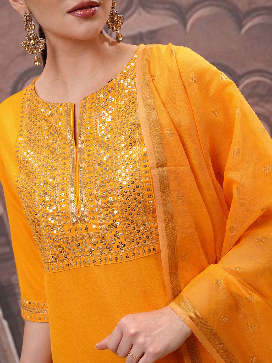 Vishudh Yellow Floral Embroidered Mirror Work Straight Kurta with Palazzo & Dupatta - Distacart