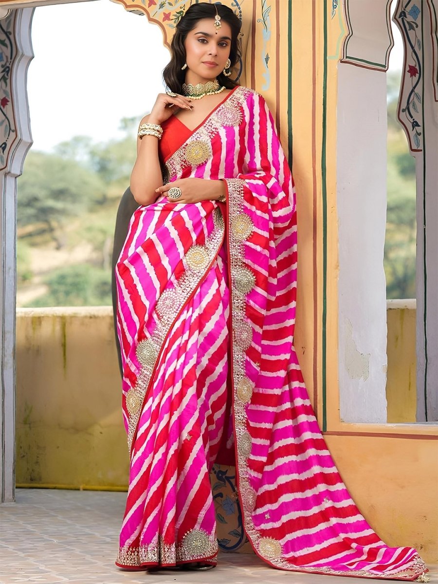 Anouk Pink & Gold-Toned Leheriya Printed Sequinned Saree - Distacart