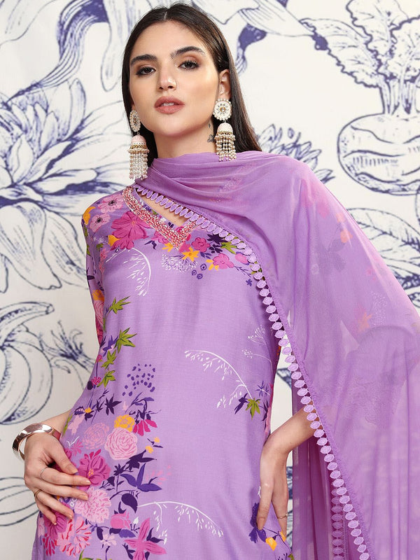 Vishudh Purple Floral Printed Regular Kurta with Trousers & With Dupatta - Distacart