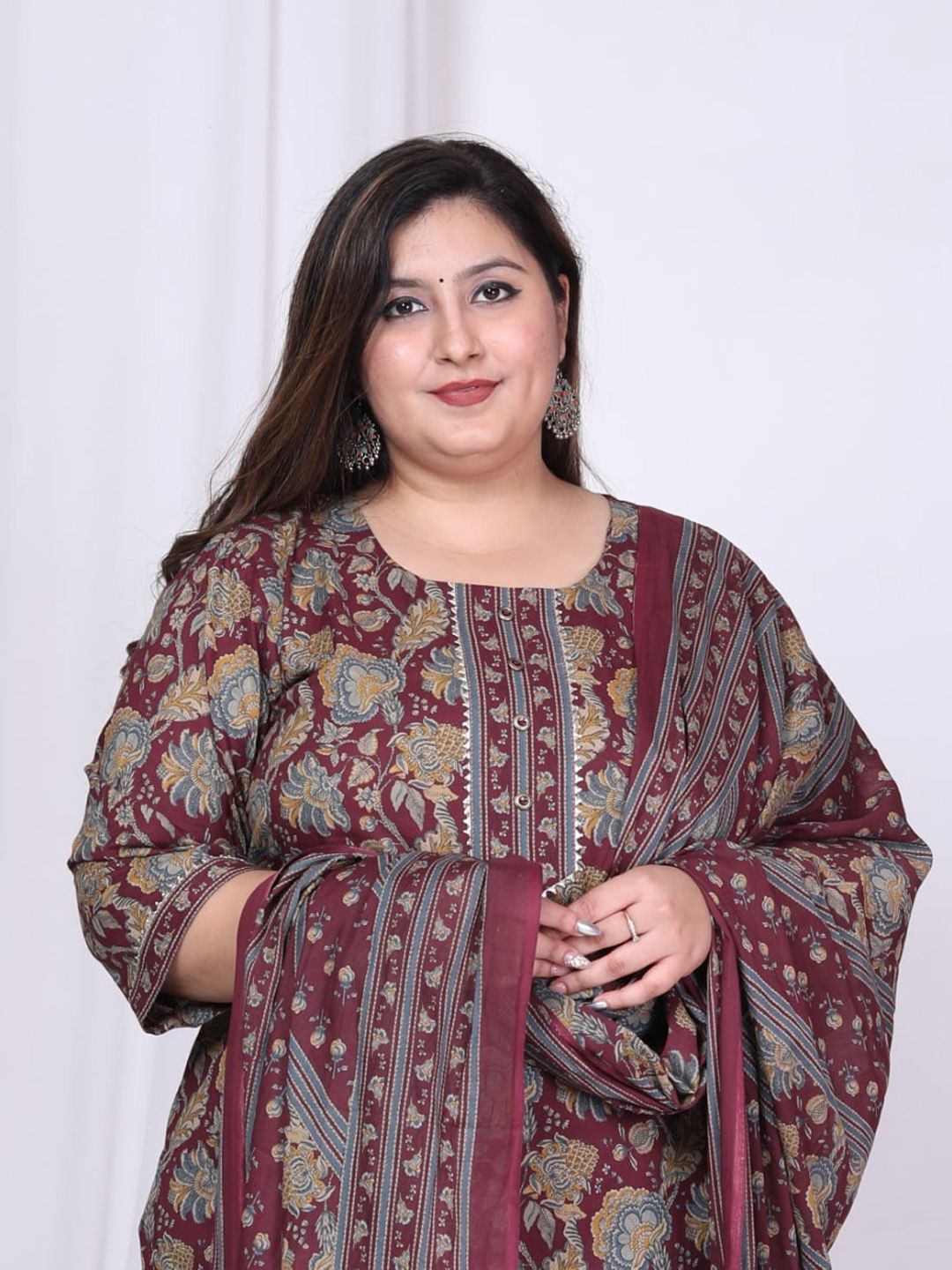 Swasti Floral Printed Regular Sequinned Pure Cotton Kurta with Trousers & Dupatta - Distacart