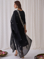 Thumbnail for Indo Era Black Floral Embroidered Thread Work Kurta with Trousers & Dupatta