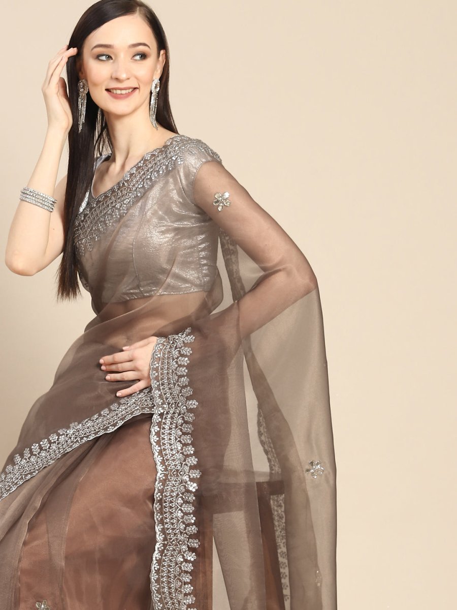 Anouk Copper & Silver-Coloured Sequinned Organza Saree - Distacart