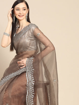 Anouk Copper & Silver-Coloured Sequinned Organza Saree - Distacart