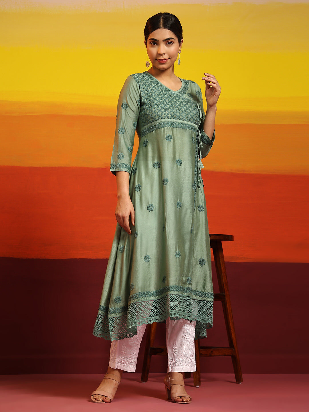 HOUSE OF KARI Embroidered Chikankari Chanderi Silk Anarkali Kurta - Distacart