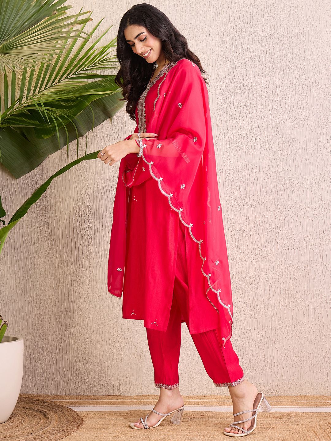 Indo Era Women Floral Yoke Design Regular Liva Kurta with Trousers & With Dupatta