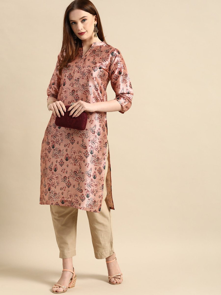 All About You Women Dusty Pink Floral Block Print Chanderi Silk Blend Straight Kurta - Distacart