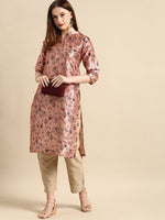 Thumbnail for All About You Women Dusty Pink Floral Block Print Chanderi Silk Blend Straight Kurta - Distacart