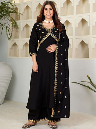 Kalini Floral Yoke Design V-Neck Thread Work Anarkali Kurta with Palazzo & Dupatta