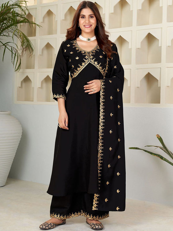 Kalini Floral Yoke Design V-Neck Thread Work Anarkali Kurta with Palazzo & Dupatta - Distacart
