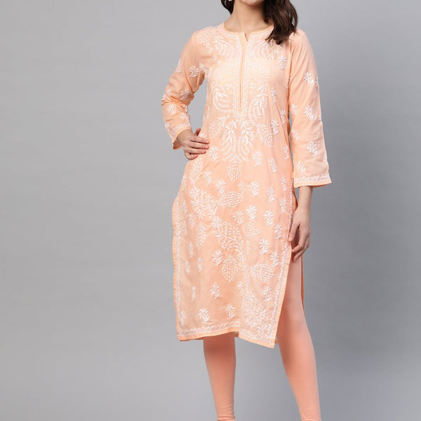 ADA Women Peach-Coloured & White Chikankari Embroidered Straight Sustainable Kurta - Distacart
