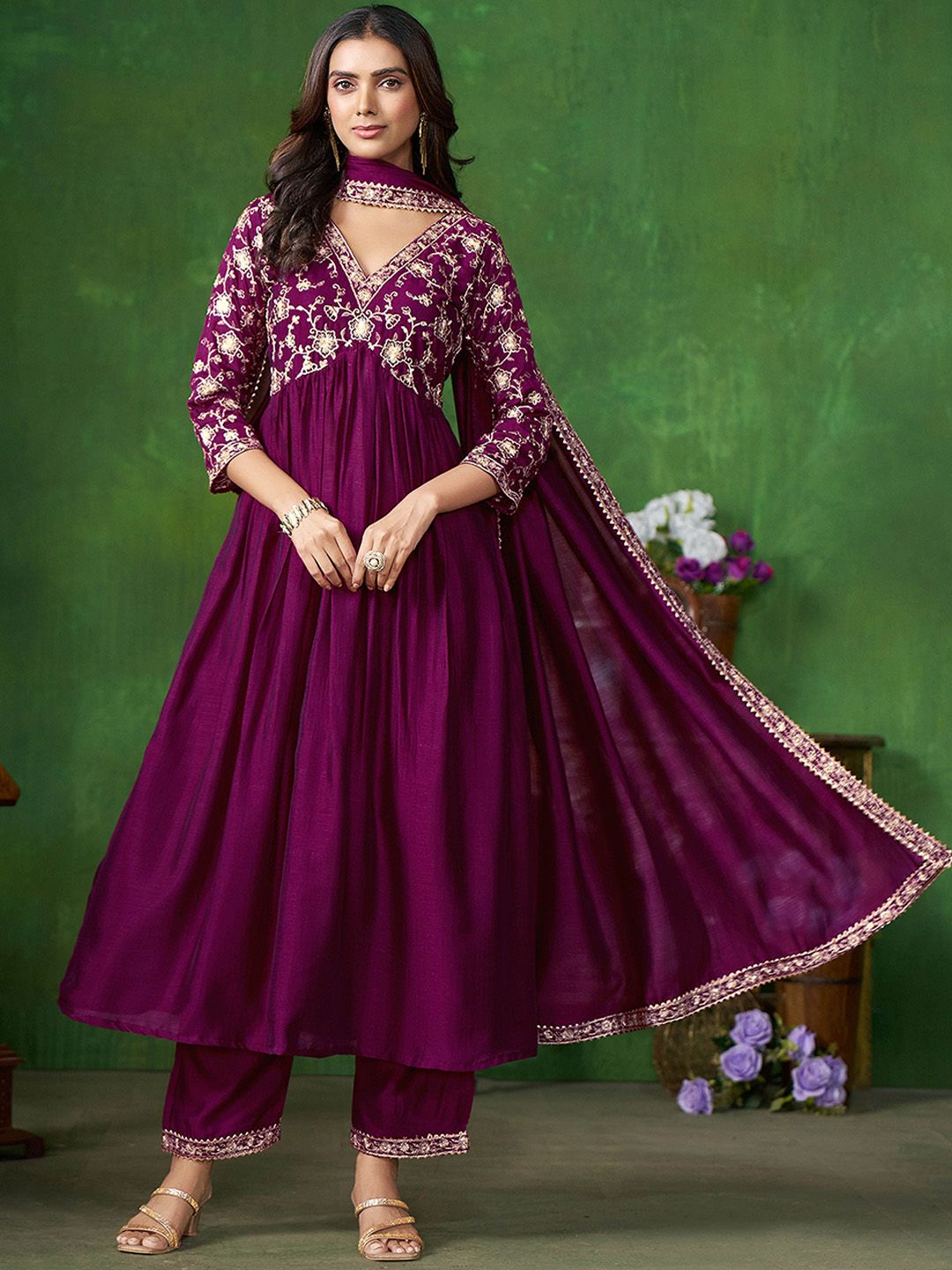 Sangria Floral Embroidered A-Line Kurta & Trousers With Dupatta