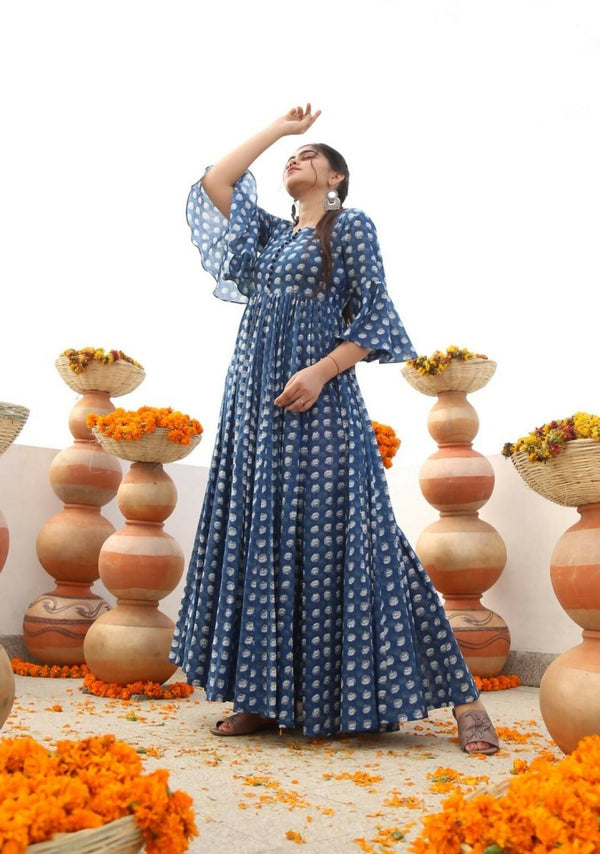Aastha Fashion Women's Blue Cotton Silk Digital Printed Anarkali Dress - Distacart