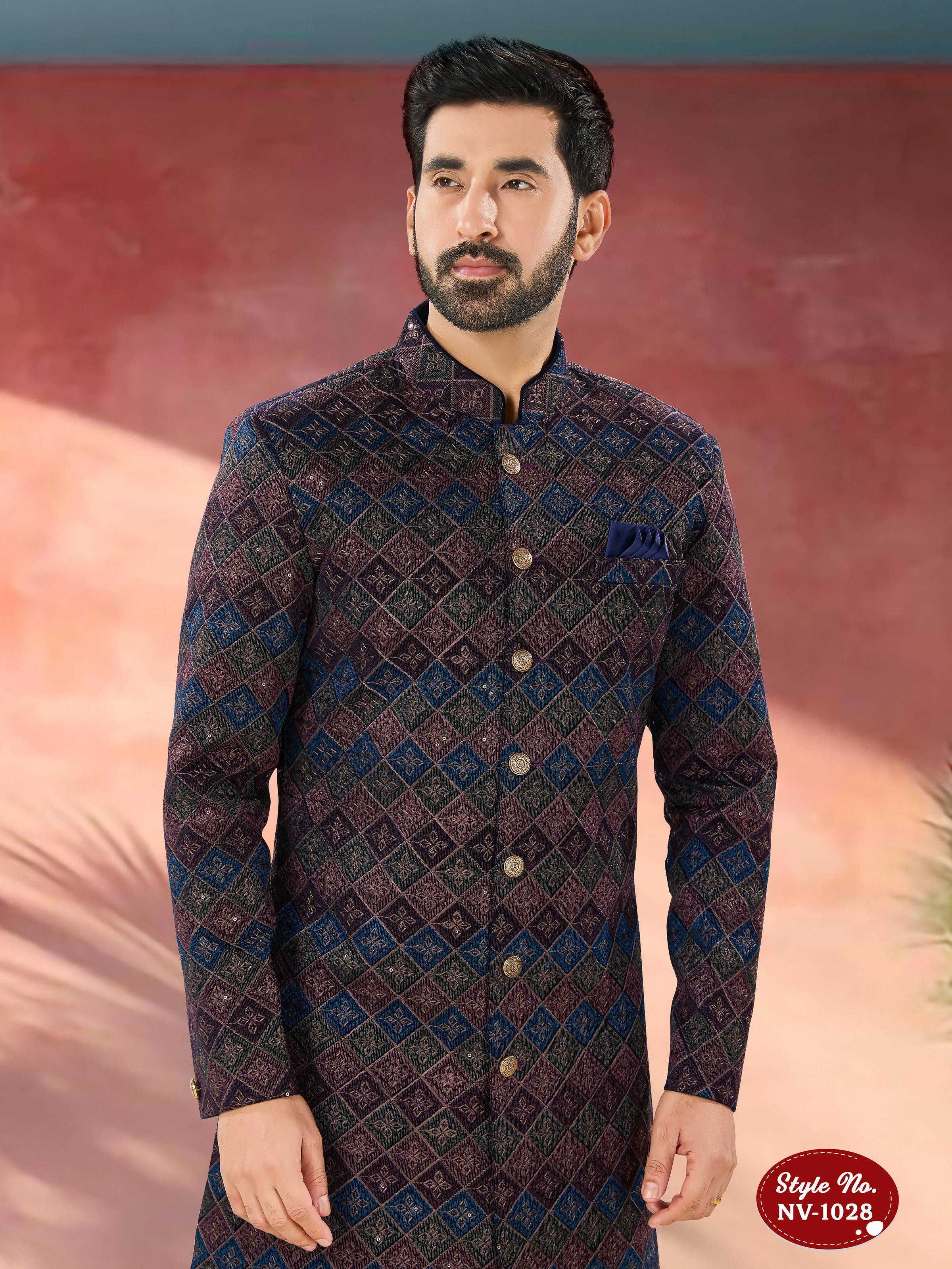 Joban Fashion Men's Blue Base ( Multi-Colour ) Straight Velvet Thread And Sequence Embroidary All Over Indo-Western Kurta Set - Distacart