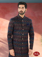 Thumbnail for Joban Fashion Men's Blue Base ( Multi-Colour ) Straight Velvet Thread And Sequence Embroidary All Over Indo-Western Kurta Set - Distacart