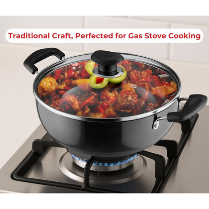 Vinod Black Pearl Hard Anodised Non Stick Deep Kadhai with Glass Lid - Dista