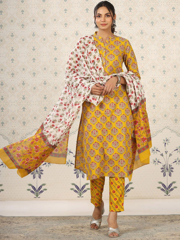 Ode by House of Pataudi Mandarin Collar Floral Printed Regular Pure Cotton Kurta Set - Distacart