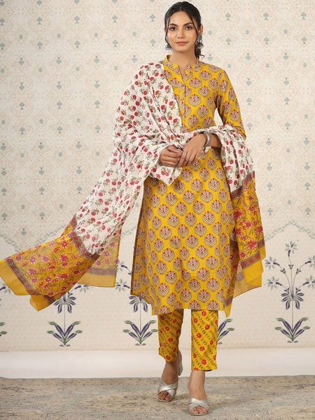 Ode by House of Pataudi Mandarin Collar Floral Printed Regular Pure Cotton Kurta Set - Distacart