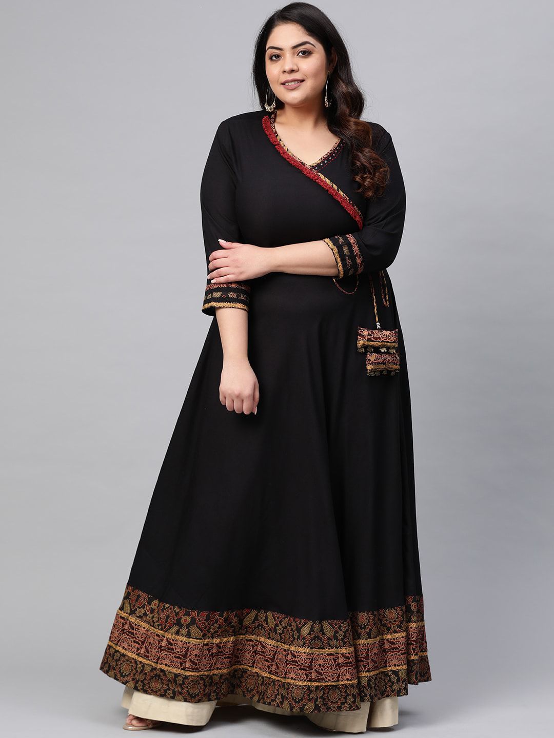 Kalini Plus Size Colourblocked V-Neck Three-Quarter Sleeves Thread Work Anarkali Kurta